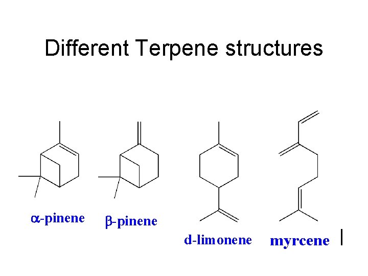 Different Terpene structures a-pinene b-pinene d-limonene myrcene 