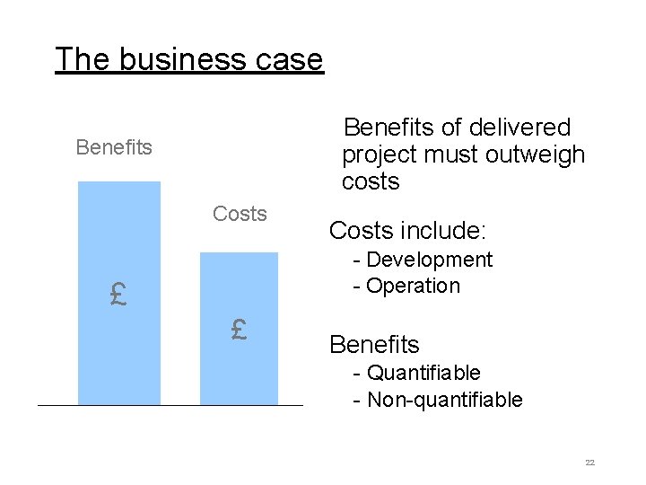 The business case Benefits of delivered project must outweigh costs Benefits Costs include: -
