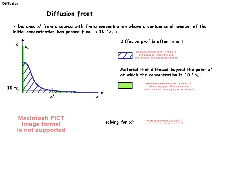 Diffusion front - Distance x’ from a source with finite concentration where a certain