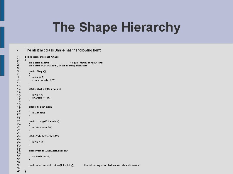 The Shape Hierarchy • The abstract class Shape has the following form: 1. 2.