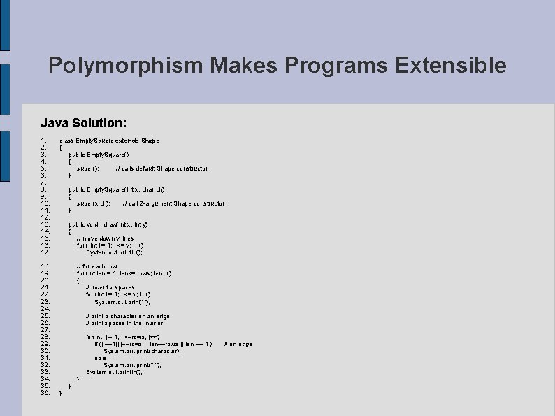 Polymorphism Makes Programs Extensible Java Solution: 1. 2. 3. 4. 5. 6. 7. 8.