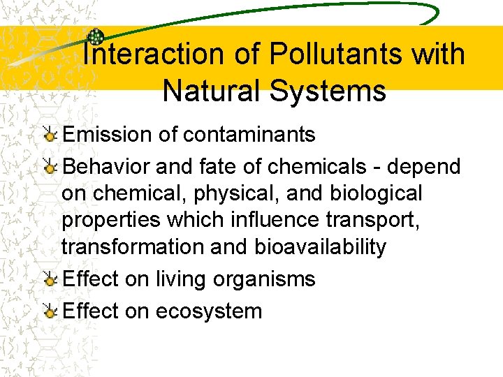 Interaction of Pollutants with Natural Systems Emission of contaminants Behavior and fate of chemicals