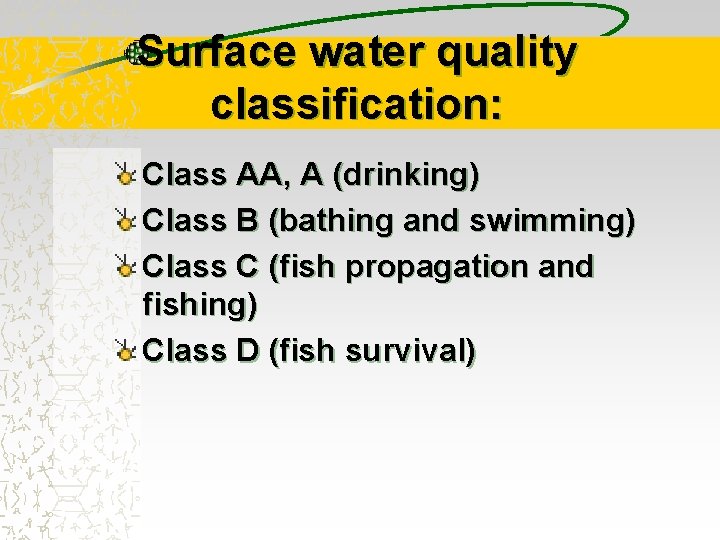 Surface water quality classification: Class AA, A (drinking) Class B (bathing and swimming) Class