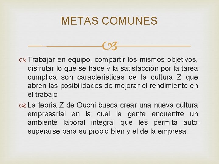 METAS COMUNES Trabajar en equipo, compartir los mismos objetivos, disfrutar lo que se hace METAS COMUNES Trabajar en equipo, compartir los mismos objetivos, disfrutar lo que se hace