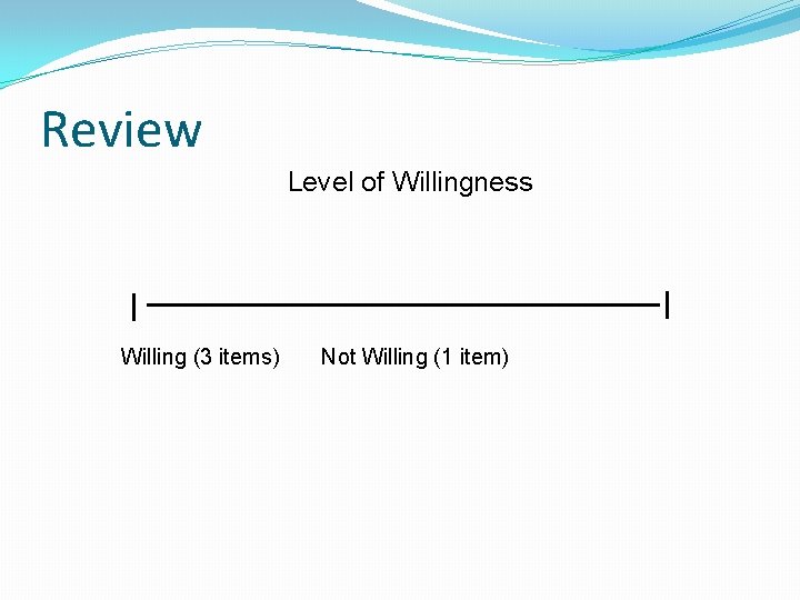 Review Level of Willingness Willing (3 items) Not Willing (1 item) 