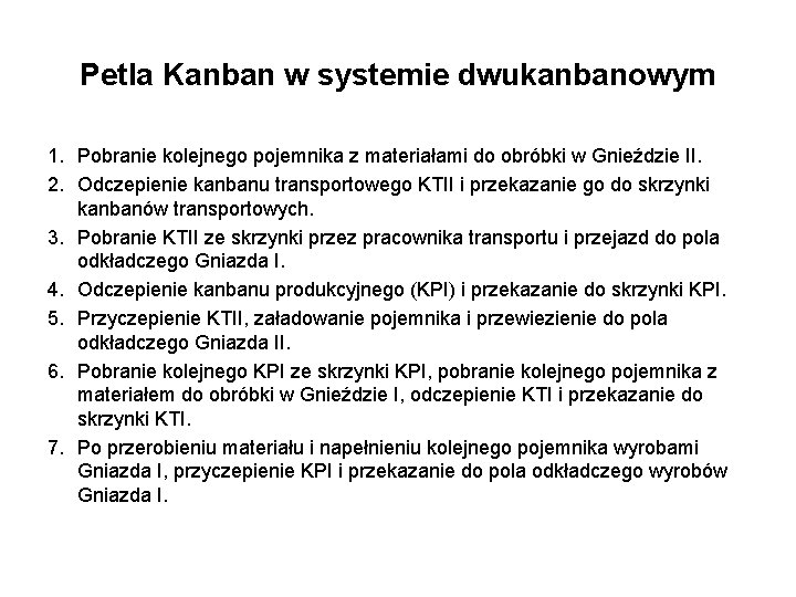 Petla Kanban w systemie dwukanbanowym 1. Pobranie kolejnego pojemnika z materiałami do obróbki w