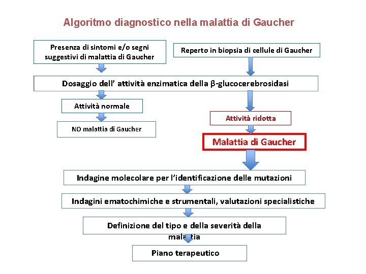 Algoritmo diagnostico nella malattia di Gaucher Presenza di sintomi e/o segni suggestivi di malattia