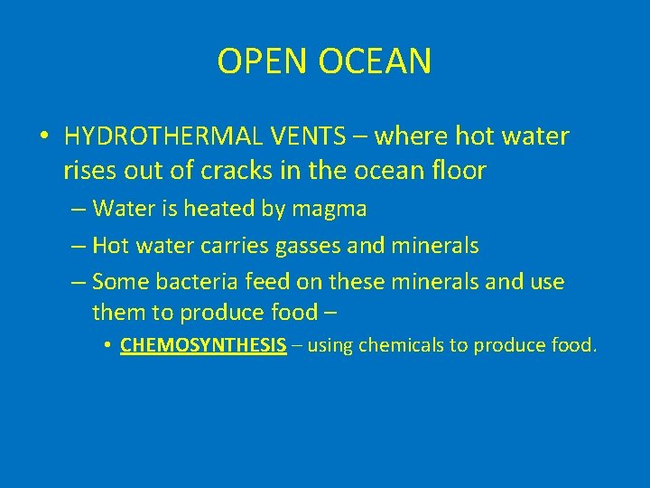 OPEN OCEAN • HYDROTHERMAL VENTS – where hot water rises out of cracks in