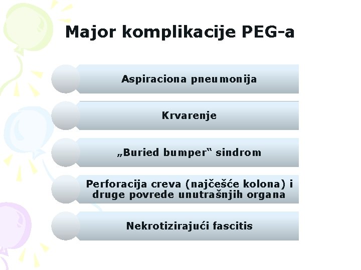Major komplikacije PEG-a Aspiraciona pneumonija Krvarenje „Buried bumper“ sindrom Perforacija creva (najčešće kolona) i