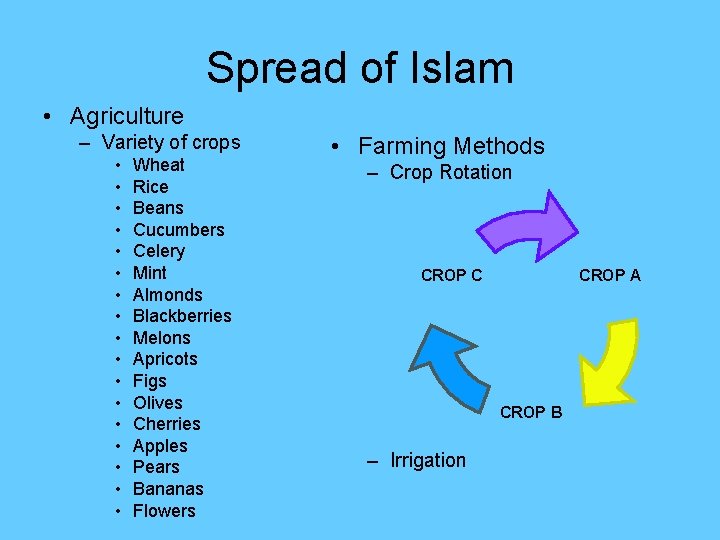 Spread of Islam • Agriculture – Variety of crops • • • • •