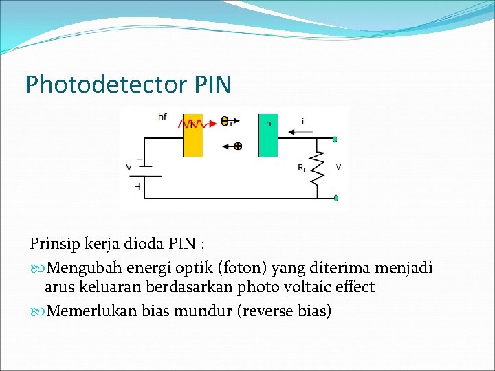 Photodetector PIN Prinsip kerja dioda PIN : Mengubah energi optik (foton) yang diterima menjadi