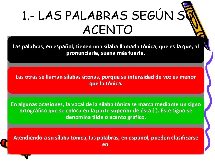 1. - LAS PALABRAS SEGÚN SU ACENTO Las palabras, en español, tienen una sílaba