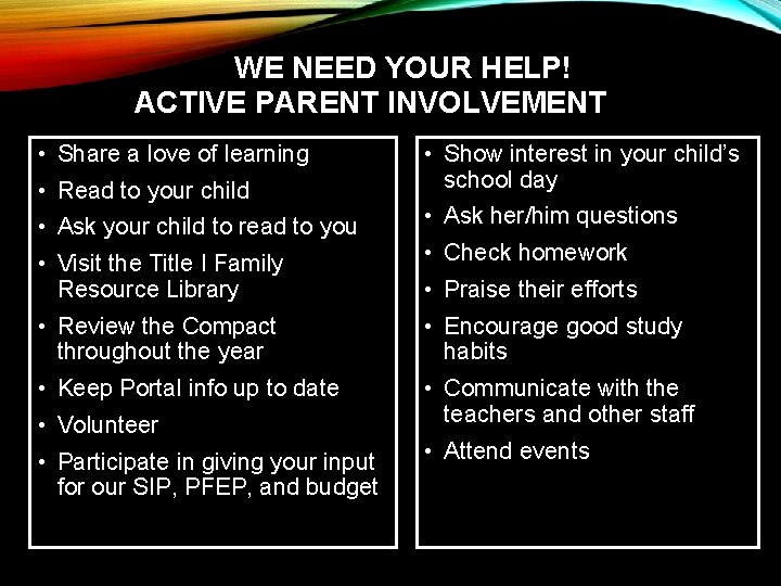  WE NEED YOUR HELP! ACTIVE PARENT INVOLVEMENT • Share a love of learning