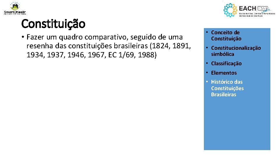 Constituição • Fazer um quadro comparativo, seguido de uma resenha das constituições brasileiras (1824,