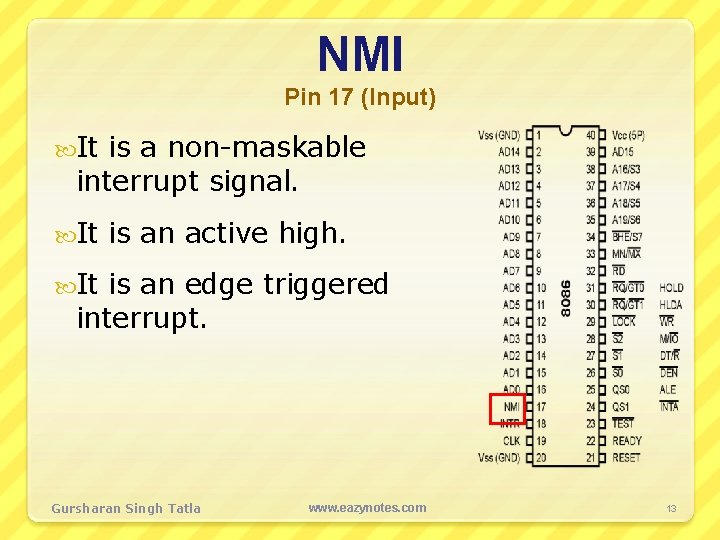 NMI Pin 17 (Input) It is a non-maskable interrupt signal. It is an active