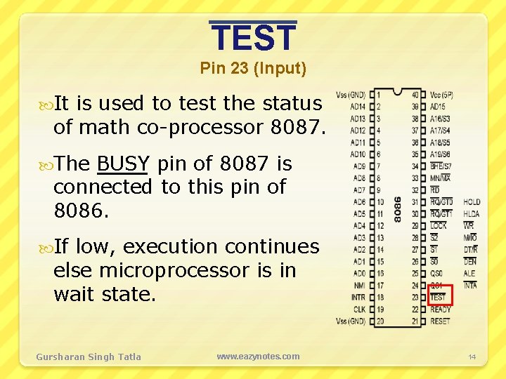 TEST Pin 23 (Input) It is used to test the status of math co-processor