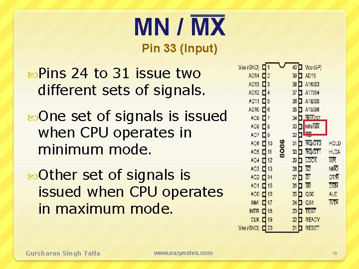 MN / MX Pin 33 (Input) Pins 24 to 31 issue two different sets