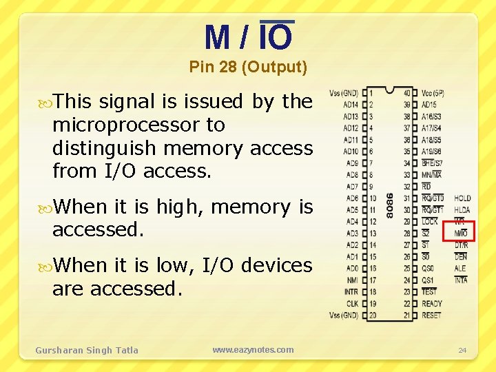 M / IO Pin 28 (Output) This signal is issued by the microprocessor to