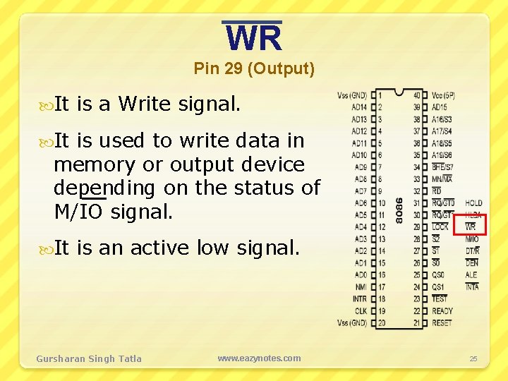 WR Pin 29 (Output) It is a Write signal. It is used to write