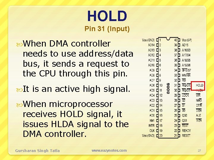 HOLD Pin 31 (Input) When DMA controller needs to use address/data bus, it sends