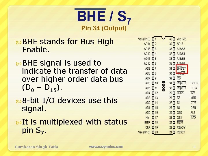 BHE / S 7 Pin 34 (Output) BHE stands for Bus High Enable. BHE