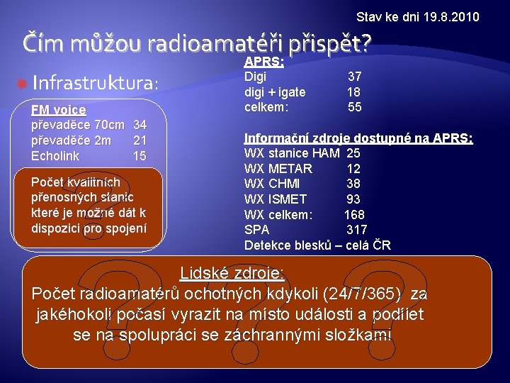 Stav ke dni 19. 8. 2010 Čím můžou radioamatéři přispět? Infrastruktura: FM voice převaděce