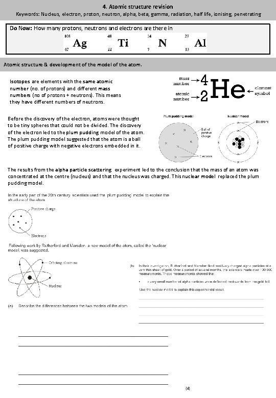 4. Atomic structure revision Keywords: Nucleus, electron, proton, neutron, alpha, beta, gamma, radiation, half