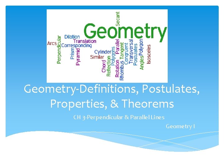 Geometry-Definitions, Postulates, Properties, & Theorems CH 3 -Perpendicular & Parallel Lines Geometry I 