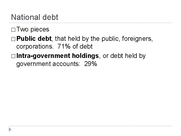 National debt � Two pieces � Public debt, that held by the public, foreigners,