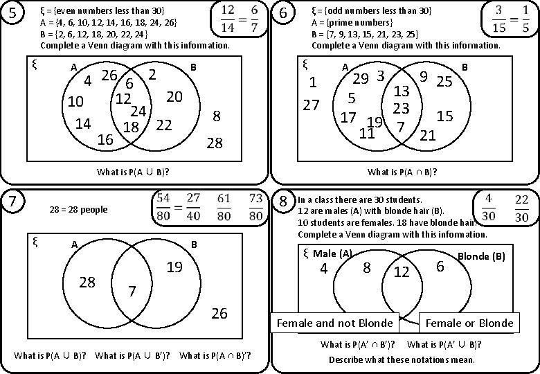 5 6 ξ = {even numbers less than 30} A = {4, 6, 10,