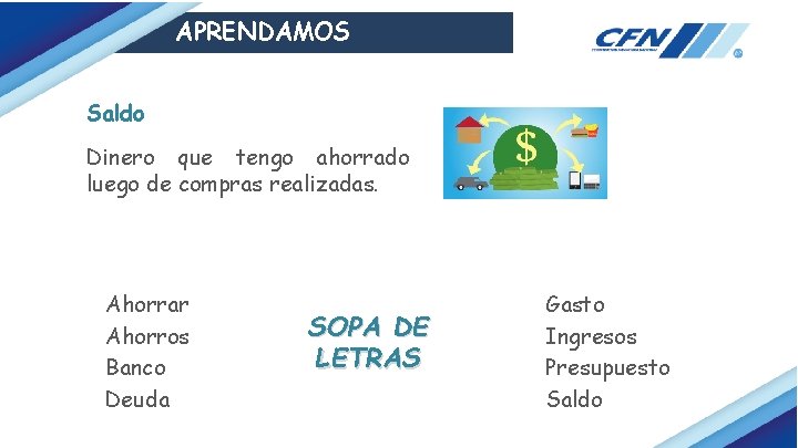 APRENDAMOS Saldo Dinero que tengo ahorrado luego de compras realizadas. Ahorrar Ahorros Banco Deuda