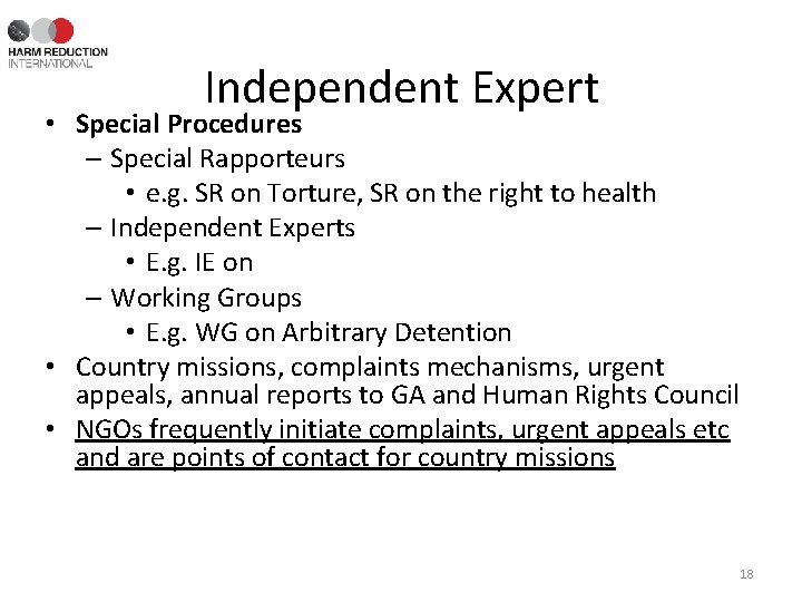 Independent Expert • Special Procedures – Special Rapporteurs • e. g. SR on Torture,