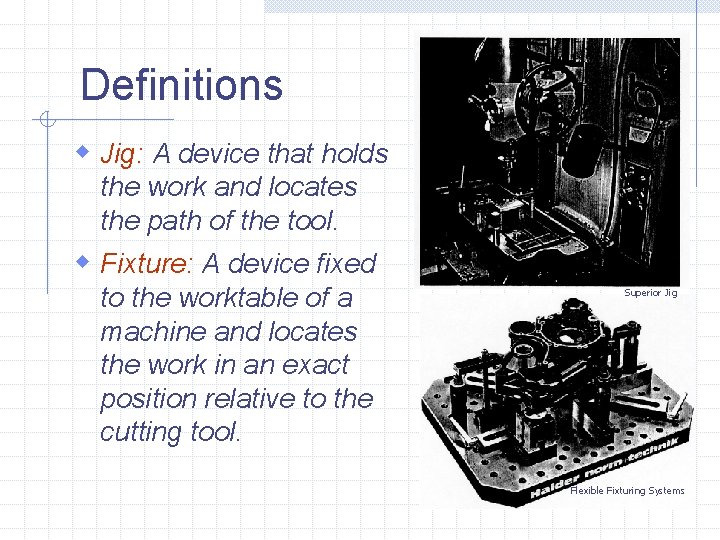 Definitions w Jig: A device that holds the work and locates the path of