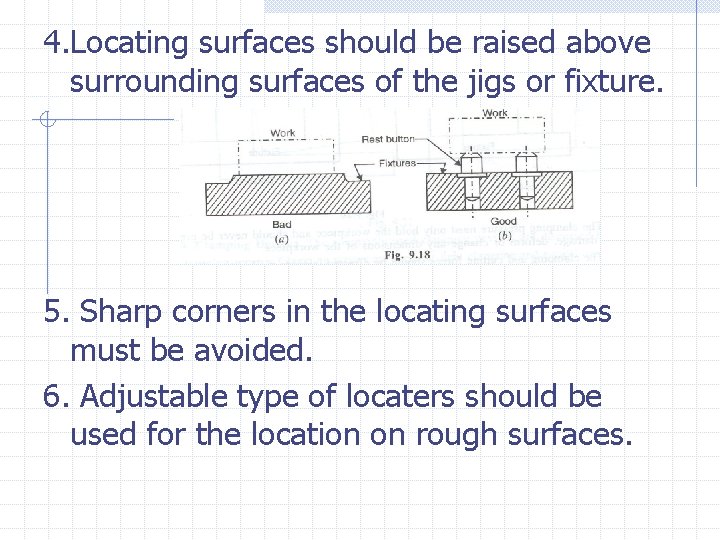 4. Locating surfaces should be raised above surrounding surfaces of the jigs or fixture.