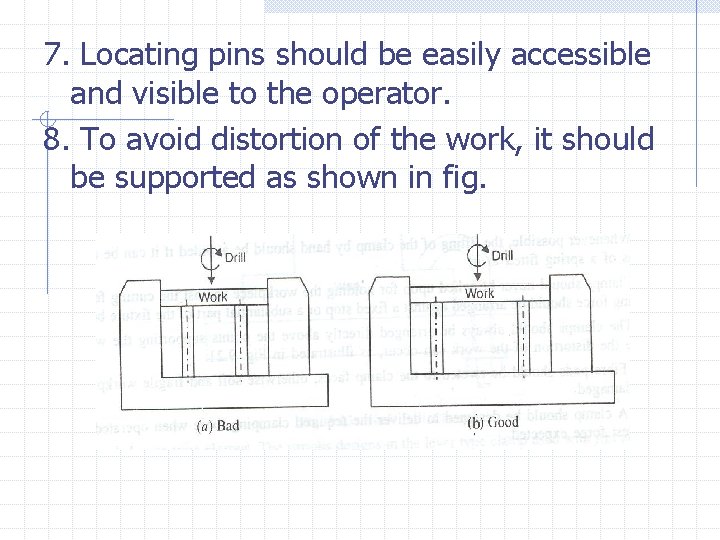 7. Locating pins should be easily accessible and visible to the operator. 8. To