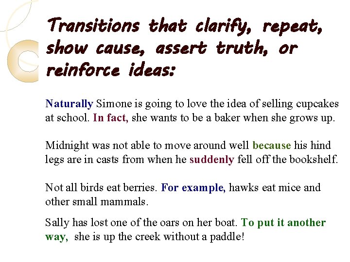 Transitions that clarify, repeat, show cause, assert truth, or reinforce ideas: Naturally Simone is