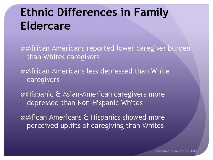 Ethnic Differences in Family Eldercare African Americans reported lower caregiver burden than Whites caregivers