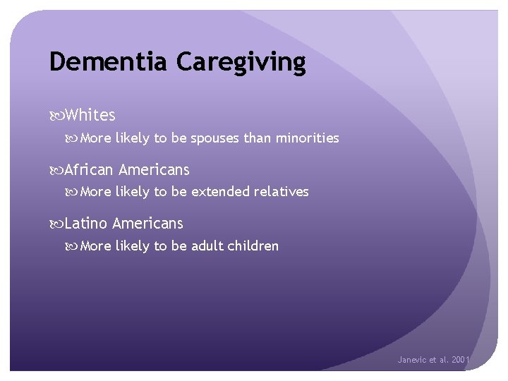 Dementia Caregiving Whites More likely to be spouses than minorities African Americans More likely