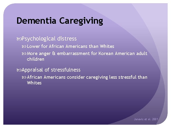 Dementia Caregiving Psychological distress Lower for African Americans than Whites More anger & embarrassment