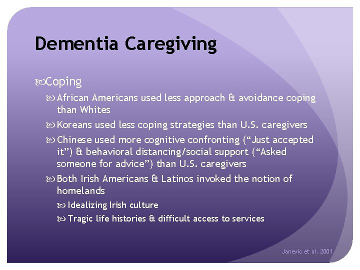 Dementia Caregiving Coping African Americans used less approach & avoidance coping than Whites Koreans