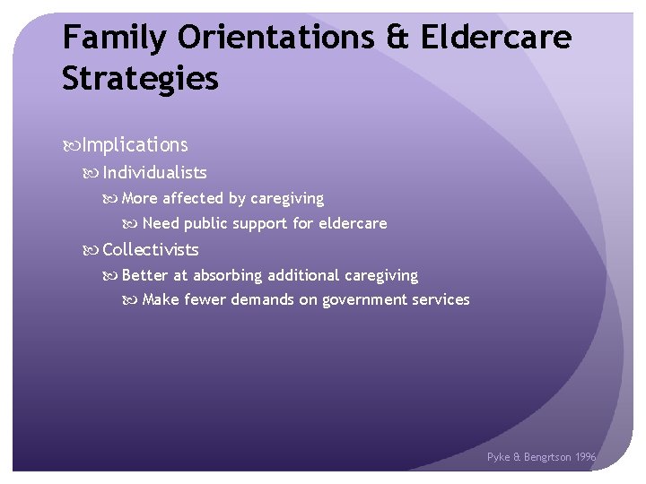 Family Orientations & Eldercare Strategies Implications Individualists More affected by caregiving Need public support