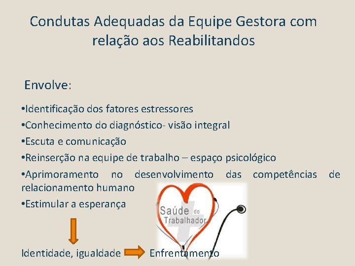 Condutas Adequadas da Equipe Gestora com relação aos Reabilitandos Envolve: • Identificação dos fatores
