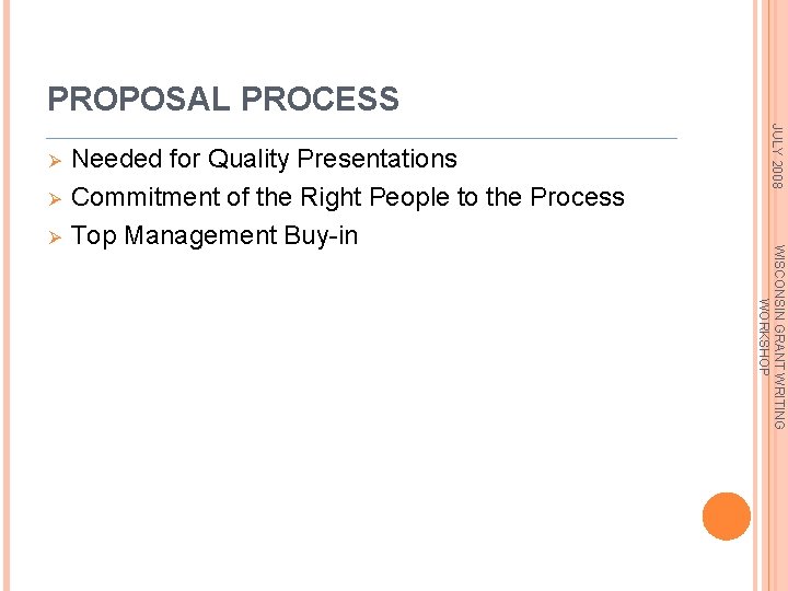 PROPOSAL PROCESS Ø WISCONSIN GRANT WRITING WORKSHOP Ø Needed for Quality Presentations Commitment of