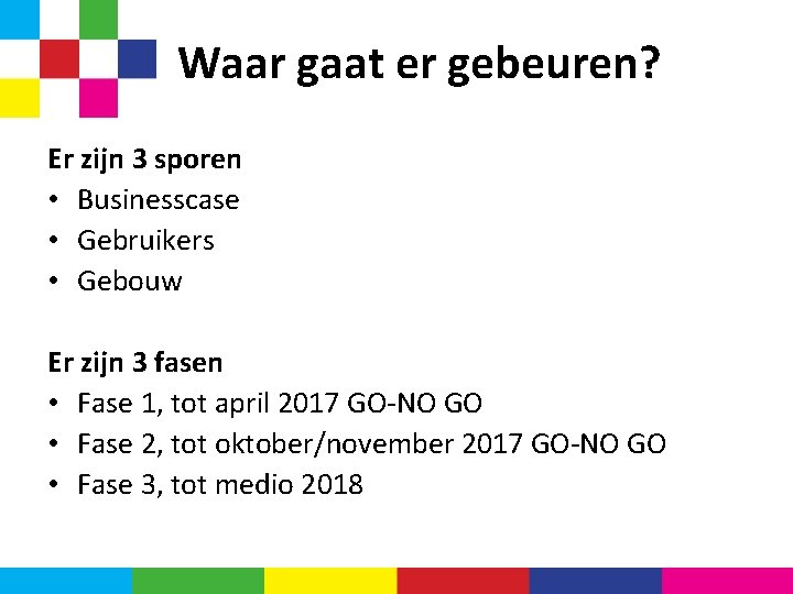 Waar gaat er gebeuren? Er zijn 3 sporen • Businesscase • Gebruikers • Gebouw