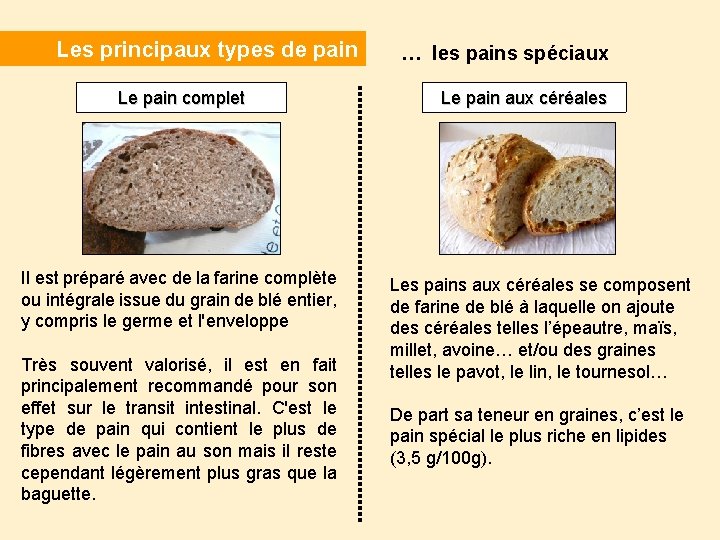 Les principaux types de pain Le pain complet Il est préparé avec de la