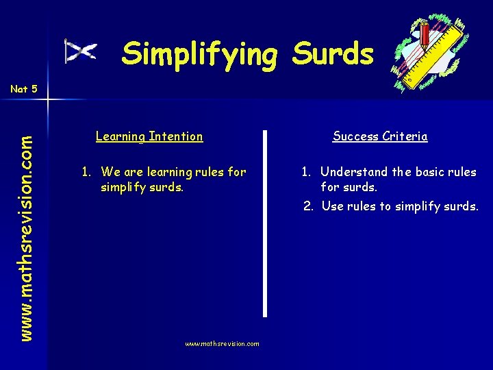 Simplifying Surds www. mathsrevision. com Nat 5 Learning Intention 1. We are learning rules