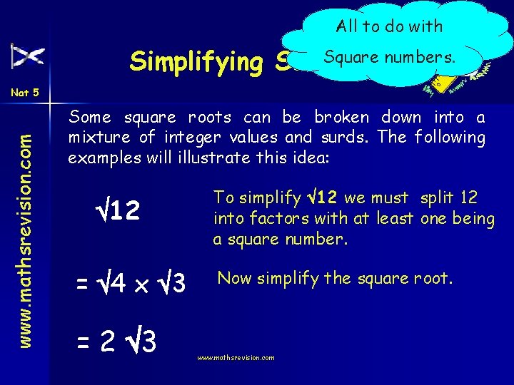 All to do with Square numbers. Simplifying Surds www. mathsrevision. com Nat 5 Some