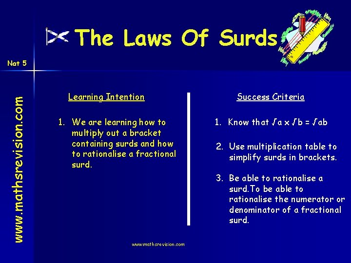 The Laws Of Surds www. mathsrevision. com Nat 5 Learning Intention 1. We are