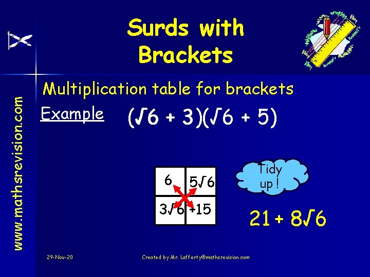 www. mathsrevision. com Surds with Brackets Multiplication table for brackets Example (√ 6 +
