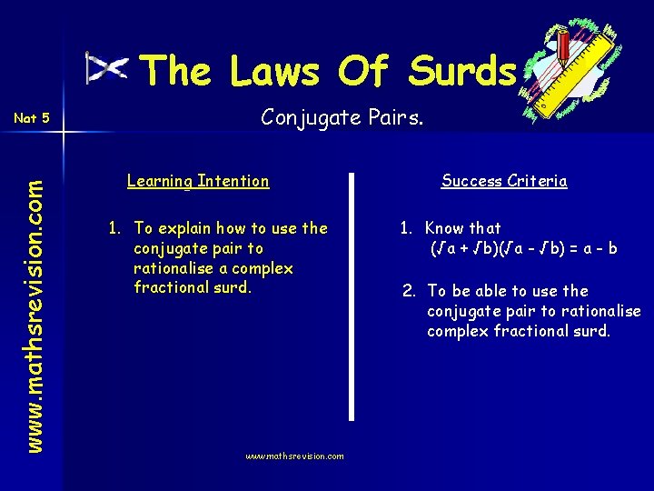 The Laws Of Surds www. mathsrevision. com Nat 5 Conjugate Pairs. Learning Intention 1.